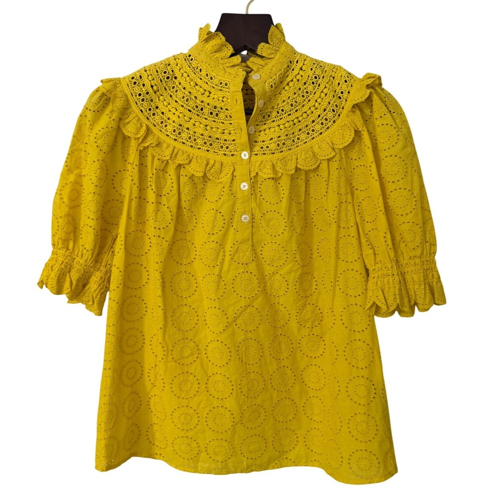 Boden Yellow Eyelet Lace Ruffle Blouse Top Womens US 4 UK 8 100% Cotton